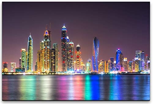 bestforhome 150x100cm Leinwandbild Hafen in Dubai mit Hochhäusern bei Nacht Leinwand auf Holzrahmen