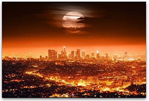 150x100cm Leinwandbild Los Angles City bei Nacht mit Vollmond Leinwand auf Holzrahmen