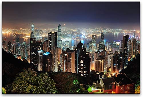 180x120cm Leinwandbild Hong Kong bei Nacht mit Wolkenkratzer Leinwand auf Holzrahmen