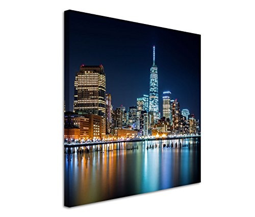 Modernes Bild 80x80cm Urbane Fotografie - Lower Manhattan bei Nacht am Hudson River