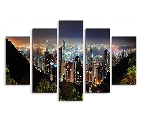 Modernes Bild 150x100cm Urbane Fotografie - Honkong Skyline bei Nacht mit Victoria Harbour