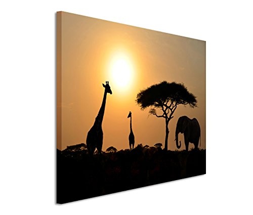 Modernes Bild 120x80cm Landschaftsfotografie - Giraffen und Elefant bei Sonnenuntergang