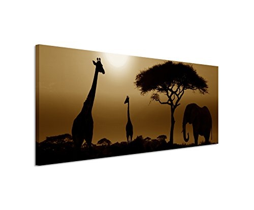 150x50cm Wandbild Panorama Fotoleinwand Bild in Sepia Sonnenuntergang Elefant und Giraffen Afrika