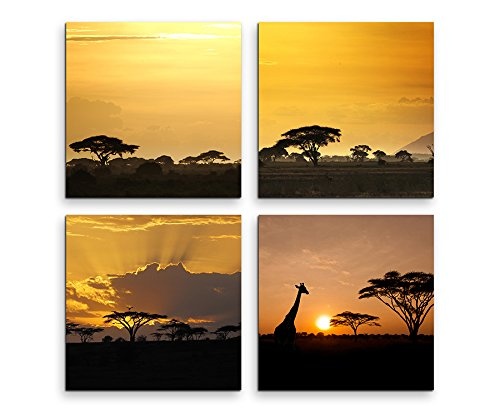 4 Bilder je 30x30cm Leinwandbilder Wasserfest Leinwanddruck Akazienbaum Afrika Sonnenuntergang Wüste Giraffe