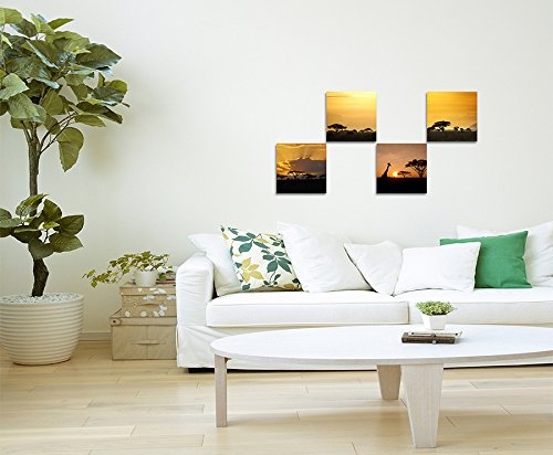 4 Bilder je 30x30cm Leinwandbilder Wasserfest Leinwanddruck Akazienbaum Afrika Sonnenuntergang Wüste Giraffe