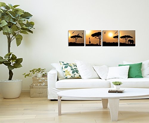 4 Bilder je 30x30cm Leinwandbilder Wasserfest Leinwanddruck Akazienbaum Afrika Sonnenuntergang Wüste Giraffe Elefant