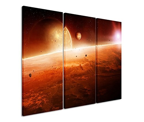 Modernes Bild 3 teilig je 40x90cm Künstlerische Fotografie - Planet bei Sonnenaufgang im Weltall