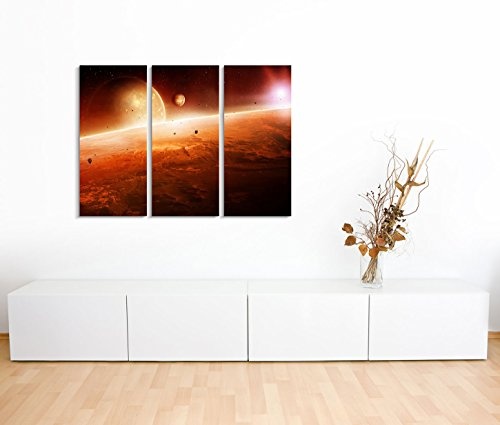 Modernes Bild 3 teilig je 40x90cm Künstlerische Fotografie - Planet bei Sonnenaufgang im Weltall
