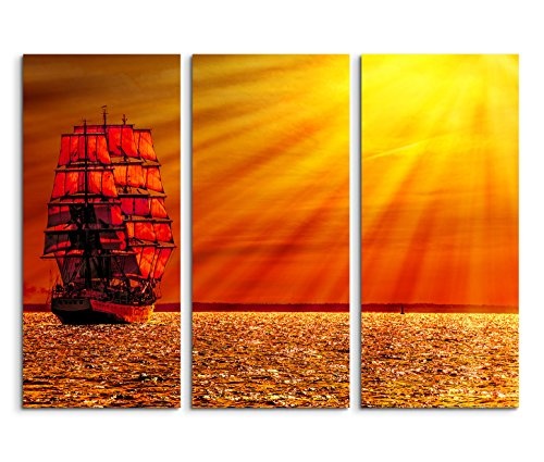 Modernes Bild 3 teilig je 40x90cm Künstlerische Fotografie - Imposantes Segelschiff bei Sonnenaufgang