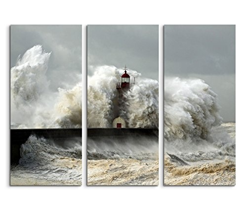 Modernes Bild 3 teilig je 40x90cm Landschaftsfotografie - Leuchtturm im schweren Sturm