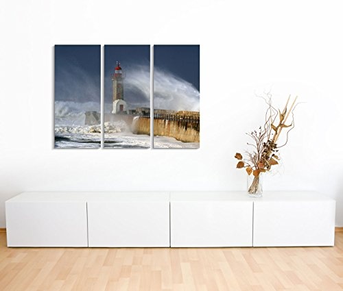 Modernes Bild 3 teilig je 40x90cm Landschaftsfotografie - Leuchtturm bei Schneesturm