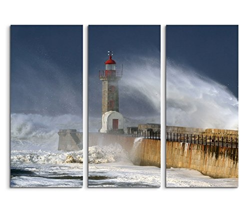 Modernes Bild 3 teilig je 40x90cm Landschaftsfotografie - Leuchtturm bei Schneesturm