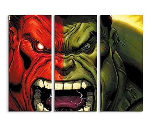 Leinwandbild 3 teilig Red_Hulk_vs_Green_Hulk_3x90x40cm (Gesamt 120x90cm) _Ausführung schöner Kunstdruck auf echter Leinwand als Wandbild auf Keilrahmen