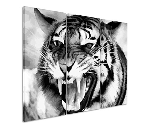 Bestforhome GmbH Modernes Bild 3 teilig je 40x90cm Bild - Brüllender Tiger mit Zähnen