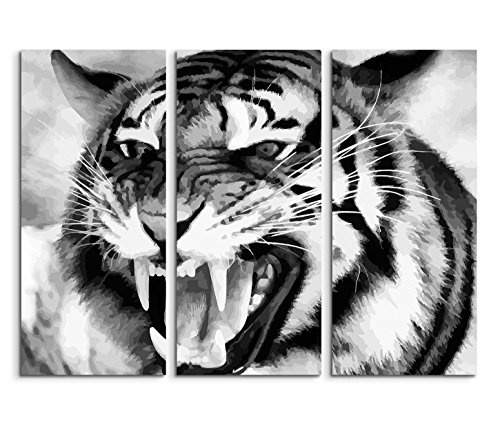 Bestforhome GmbH Modernes Bild 3 teilig je 40x90cm Bild - Brüllender Tiger mit Zähnen