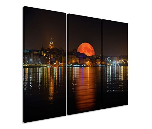 Modernes Bild 3 teilig je 40x90cm Landschaftsfotografie - Istanbul mit rotem Mond
