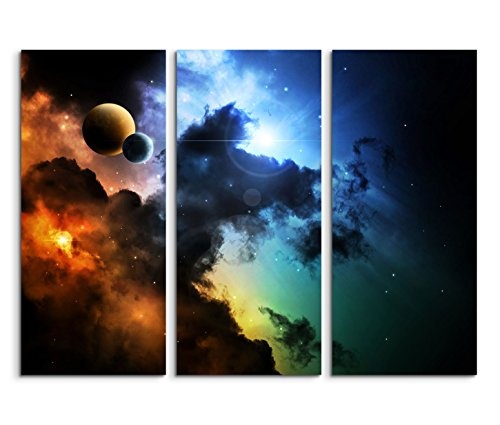Modernes Bild 3 teilig je 40x90cm Künstlerische Fotografie - Weltall mit Planeten und Sternenstaub