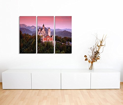Modernes Bild 3 teilig je 40x90cm Landschaftsfotografie - Neuschwanstein Schloss bei Sonnenaufgang