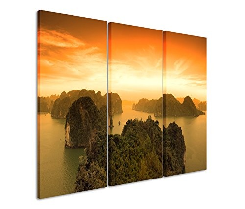 Modernes Bild 3 teilig je 40x90cm Landschaftsfotografie - Sonnenaufgang an der Halong Bay in Vietnam