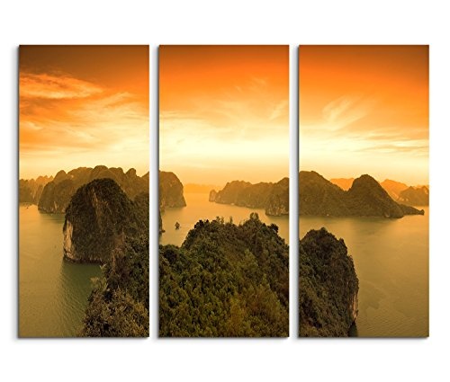 Modernes Bild 3 teilig je 40x90cm Landschaftsfotografie - Sonnenaufgang an der Halong Bay in Vietnam