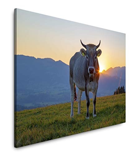 bestforhome 150x100cm Leinwandbild Kuh bei Sonnenaufgang Einer ALM Leinwand auf Holzrahmen