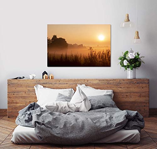 bestforhome 180x120cm Leinwandbild Sonnenaufgang über Einer Wiese mit Nebel Leinwand auf Holzrahmen