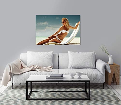 bestforhome 150x100cm Leinwandbild sexy Girl am Strand auf Einer Sonneliege Leinwand auf Holzrahmen