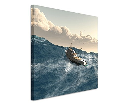 Modernes Bild 80x80cm Landschaftsfotografie - Fischerboot auf einer gigantischen Welle