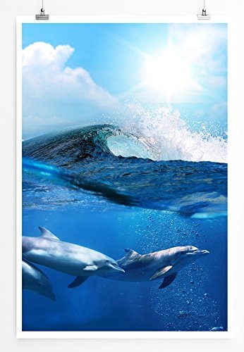 Best for home Artprints - Tierfotografie - Delfingruppe unter einer Meereswellle- Fotodruck in gestochen scharfer Qualität