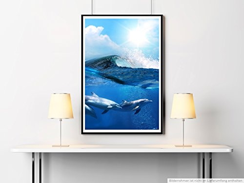 Best for home Artprints - Tierfotografie - Delfingruppe unter einer Meereswellle- Fotodruck in gestochen scharfer Qualität