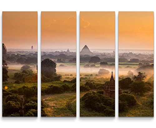 4 teiliges Canvas Bild 4x30x90cm Sonnenaufgang über Pagode in Myanmar