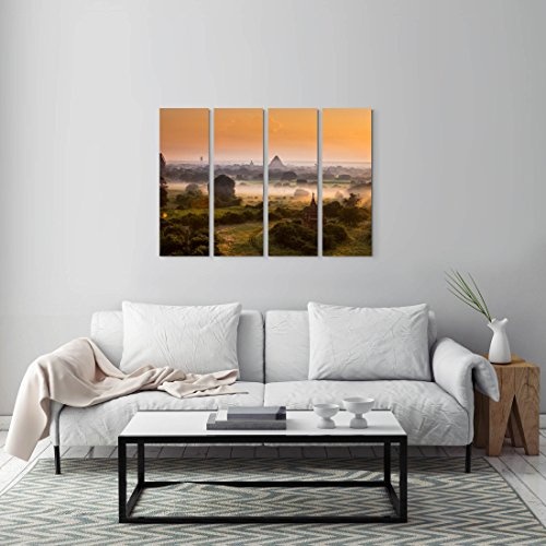 4 teiliges Canvas Bild 4x30x90cm Sonnenaufgang über Pagode in Myanmar