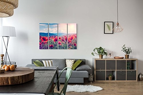 4 teiliges Canvas Bild 4x30x90cm Bergwiese mit Mohnblumen