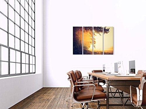 4 teiliges Canvas Bild 4x30x90cm Waldrand, Sonnenstrahlen
