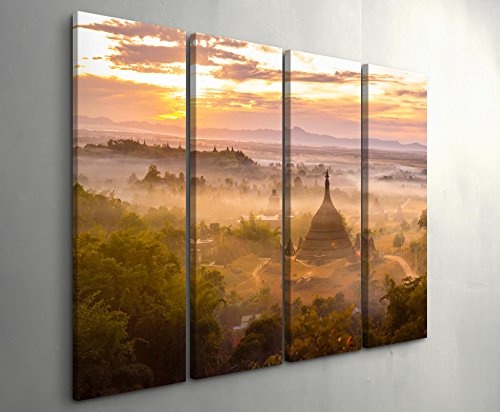 4 teiliges Canvas Bild 4x30x90cm Sonnenaufgang Tempel Bagan in Mandalay, Myanmar