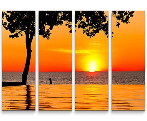 4 teiliges Canvas Bild 4x30x90cm Orangener Sonnenuntergang am See