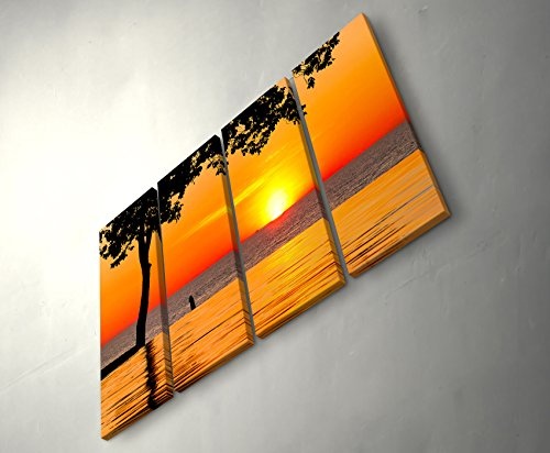 4 teiliges Canvas Bild 4x30x90cm Orangener Sonnenuntergang am See