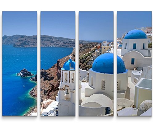4 teiliges Canvas Bild 4x30x90cm Fotografie - Santorini Kirchenglocke und Kuppeldächer