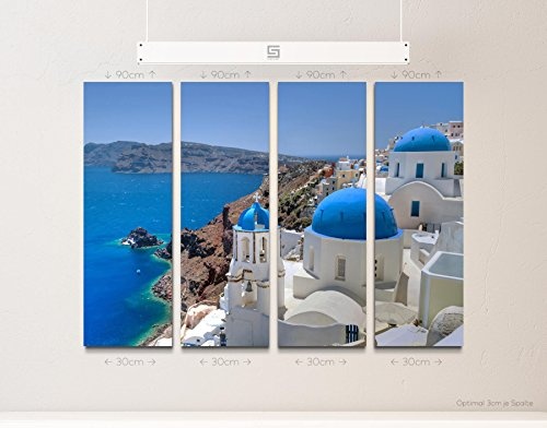 4 teiliges Canvas Bild 4x30x90cm Fotografie - Santorini Kirchenglocke und Kuppeldächer