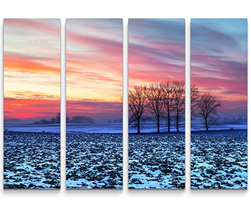 4 teiliges Canvas Bild 4x30x90cm Landschaftsfotografie - idyllischer Sonnenuntergang über den Feldern