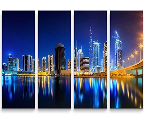 4 teiliges Canvas Bild 4x30x90cm Skyline Dubai bei Nacht