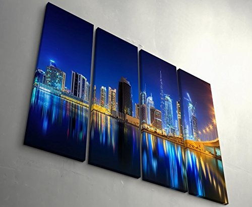 4 teiliges Canvas Bild 4x30x90cm Skyline Dubai bei Nacht
