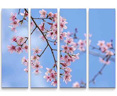 4 teiliges Canvas Bild 4x30x90cm Pinke Frühlingsblüten