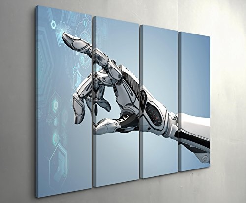 4 teiliges Canvas Bild 4x30x90cm Roboterarm berührt virtuelle Schaltfläche