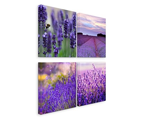 4 teiliges Leinwandbild je 20x20cm - Lavendelfeld Blumen Makroaufnahme Violett