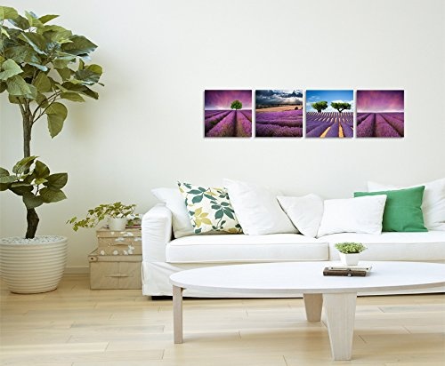 4 teiliges Leinwandbild je 20x20cm - Lavendelfeld Sommer Blumen