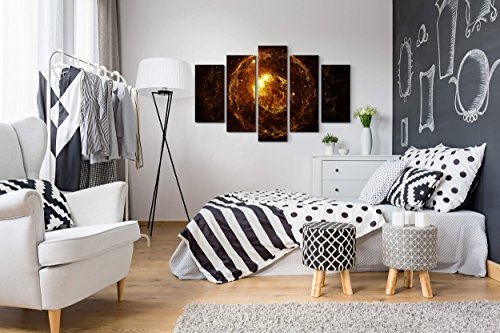 5 teiliges Wandbild auf Leinwand (Gesamtmaß: 150x100cm) Abstraktes Bild - orangefarbene Partikel vor schwarzem Hintergrund