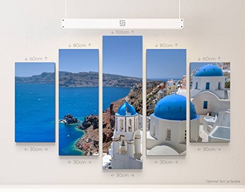 5 teiliges Wandbild auf Leinwand (Gesamtmaß: 150x100cm) Fotografie - Santorini Kirchenglocke und Kuppeldächer