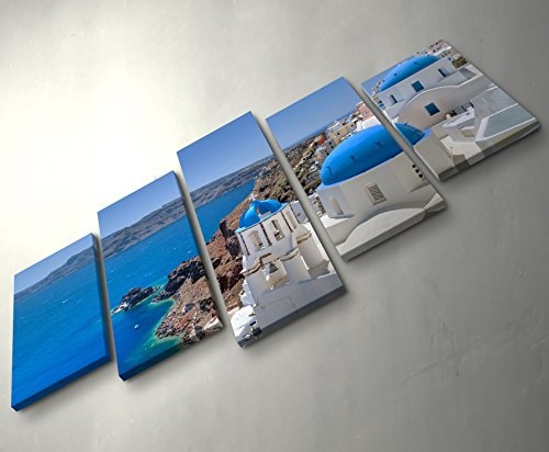 5 teiliges Wandbild auf Leinwand (Gesamtmaß: 150x100cm) Fotografie - Santorini Kirchenglocke und Kuppeldächer