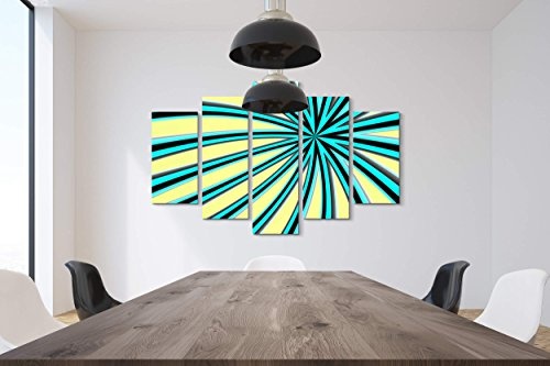 5 teiliges Wandbild auf Leinwand (Gesamtmaß: 150x100cm) Abstraktes Bild - blau-schwarze Streifen + hellgelber Hintergrund